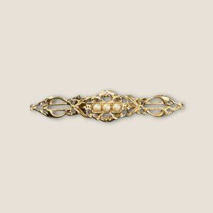 Vintage Gold-Tone Filigree Bar Pin Brooch With Faux Pearl Accents